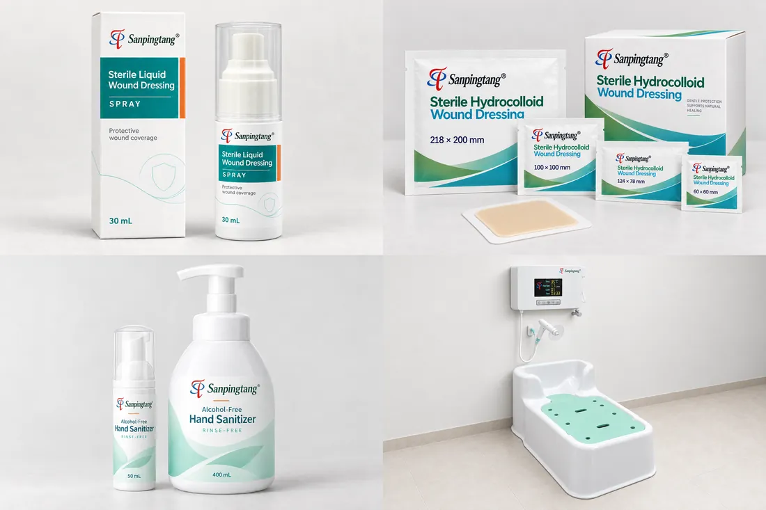 Banlun Sanpingtang range: sterile liquid wound dressing spray, hydrocolloid wound dressings, alcohol-free hand sanitizer and wound irrigation station