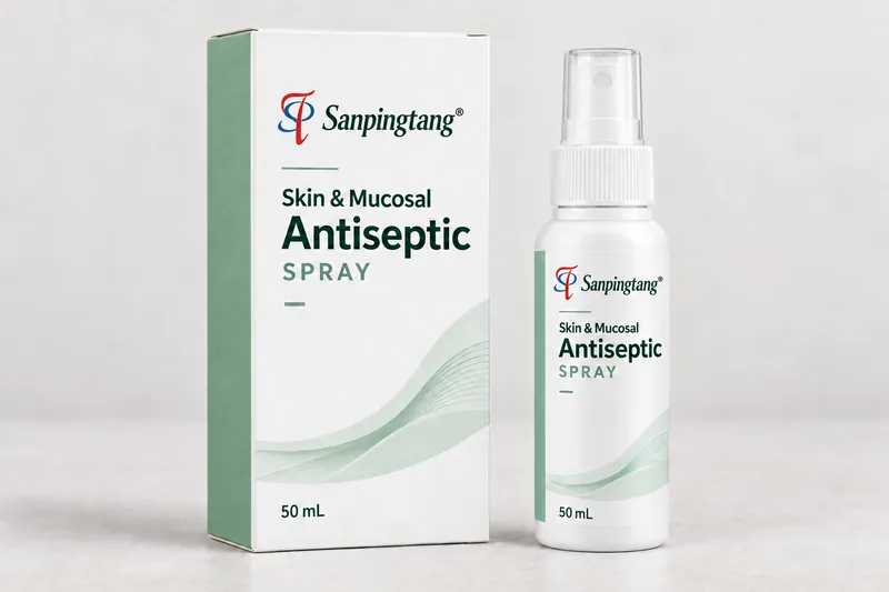 Skin and mucosal antiseptic spray and bottle