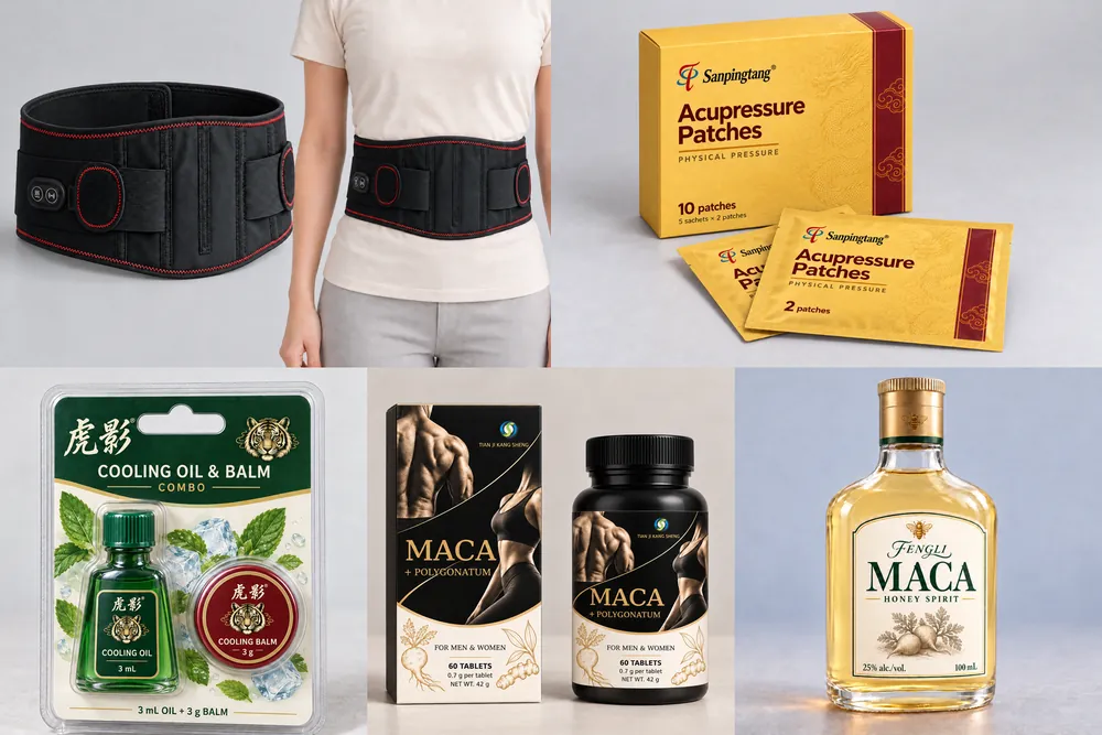 Wellness products: heated massage waist belt, acupressure patches, cooling oil and balm, maca tablets and maca honey spirit